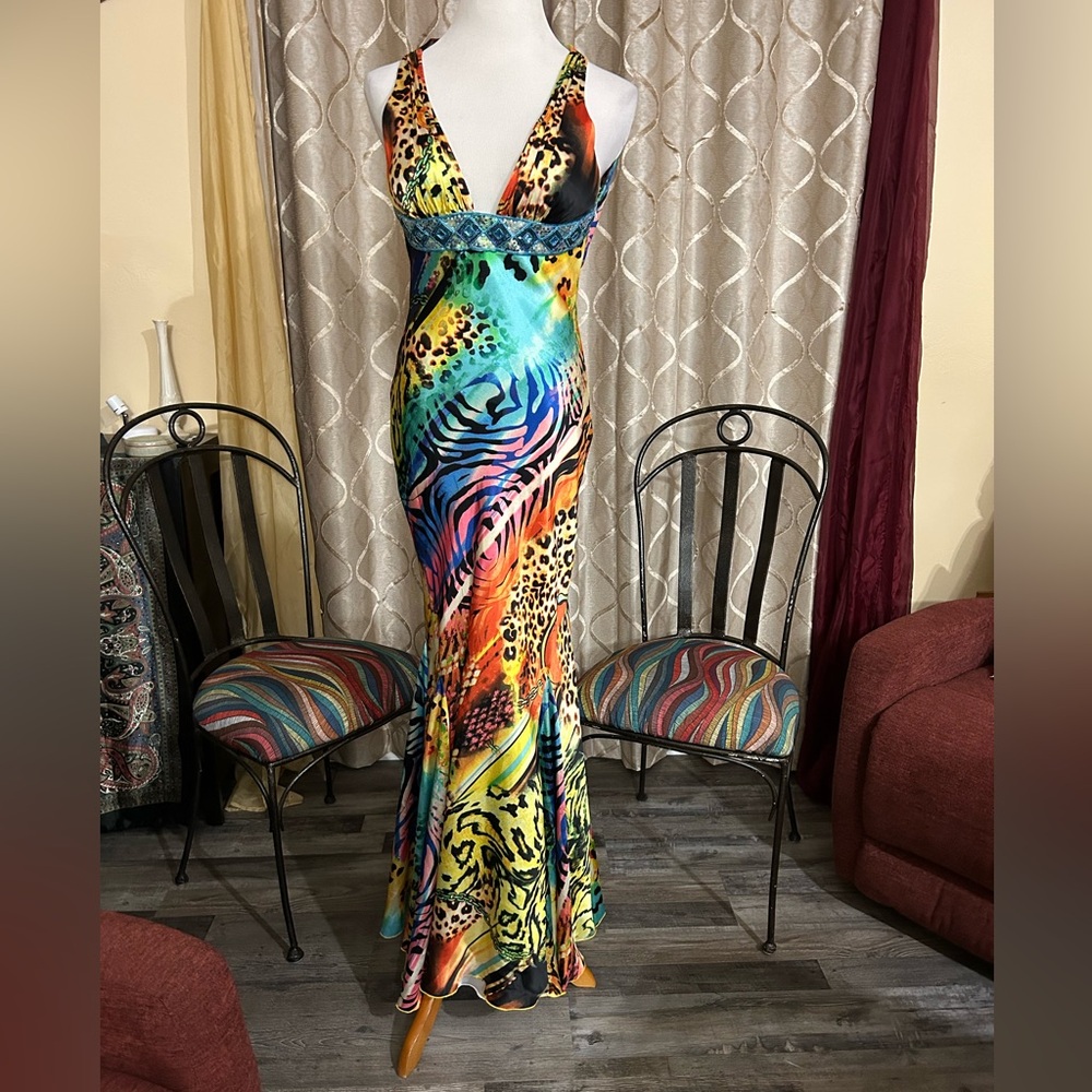 Mary L. Couture . Multicolor Animal Print Halter Dress.